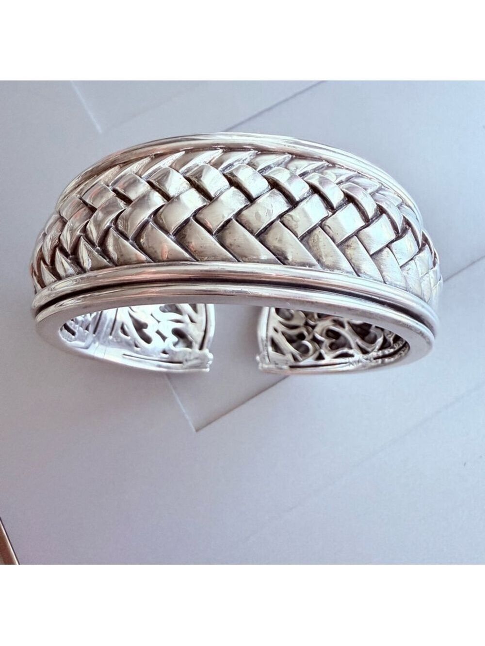 Scott Kay Sterling Silver Basket Weave Hinged Wide Cuff Heavy Bracelet